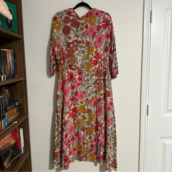 Floral Print Maxi Dress L Long Sleeve V Neck Lined Boho Hippie - Picture 7 of 7